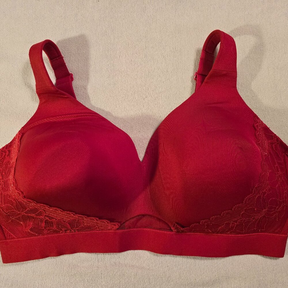 Cacique 40F 40DDD Lace Red Lightly Lined No Wire Bra GUC! Metallic Thread Pretty